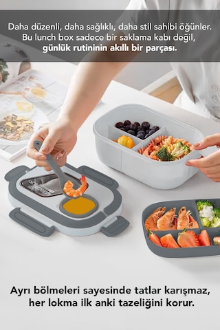 Bondie Kilitli Kapak Yemek Kabı - 2 Katlı Bölmeli Kaşık Ve Sosluklu Lunch Box Beslenme Kutusu Gri