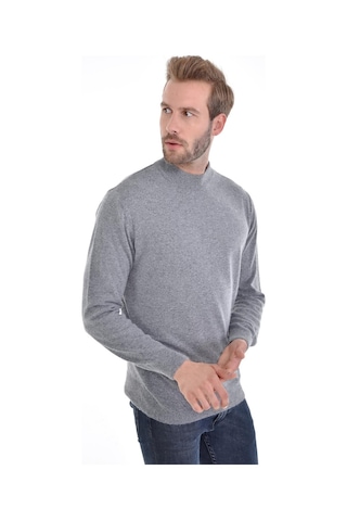 Çizgi Triko Erkek Yarım Balıkçı Angora Tavşan Yünlü Regular Kalıp Kazak 4462 Gri