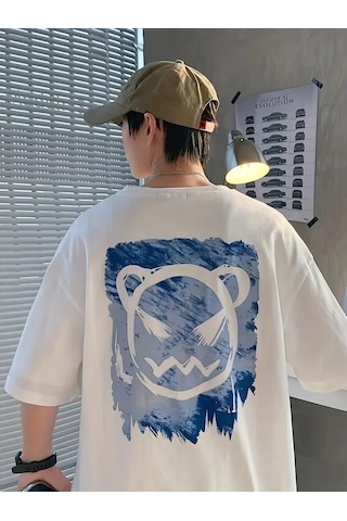 Tarzyeri Erkek Tişört Bisiklet Yaka Kore Sevimli Ayı Baskı Kısa Kol T-shirt - Beyaz Mor