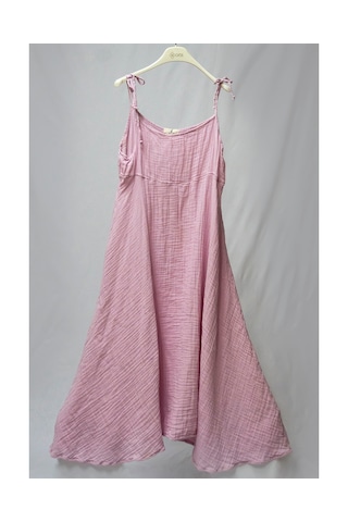 %100 Pamuk Müslin Nefes Alır Kadın Askılı Gecelik Elbise Pijama Rahat, Şık Gots Sertifikalı Açık Pembe