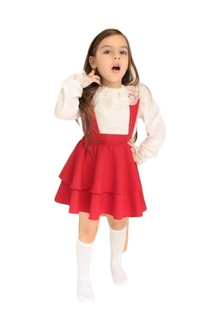 Kız Çocuk Kırmızı Elbise Helen Askılı Jile Dantelli Uzun Kol Bluz Takım 23 Nisan 29 Ekim Gösteri Kıyafeti