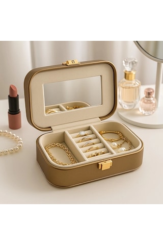 Deri Mini Seyahat Takı Bijuteri Mücevher Kutusu Organizer Düzenleyici 15cm Bronz İthal Ürün