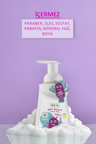 INCIA %100 Doğal Köpük Kastil Sabunu Çocuklar İçin Zeytinyağlı 10 Bitkisel Değerli Yağ 200 ml X2 Adet
