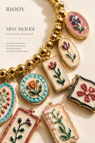 Riody First Impression Collection Kadın Takı Seti 2'li Kolye, 1 Bileklik, 2 Küpe Çiçek Desenli Mine Detaylı Gold Look