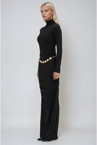 Lijuri Gold Kemerli Ve Drape Detaylı Uzun Elbise 2953 Siyah