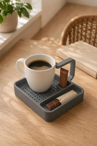 Kahve Sunum Tepsisi Çok Bölmeli Masa Üstü Organizer Kupa Fincan Standı Pla 12.5x11x7 Cm Gri
