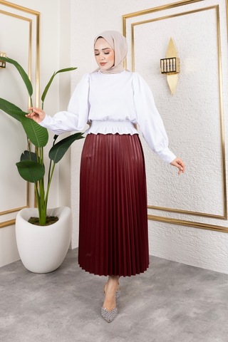 Hira Life Fashion Kadın Tesettür Giyim Ve Deri Görünümlü Beli Lastik Detayı İle Piliseli Uzun Etek Bordo Bordo