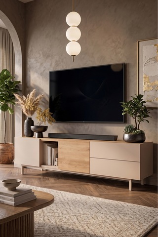 Yurudesign Sedra Tv Ünitesi Orta Sehpa 2'li Set Ahşap Ayaklı Sepet-kumsal Sd9-cs