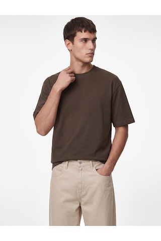 Koton Kısa Kollu Pamuklu Tok Kumaş Bisiklet Yaka Oversize Basic Tişört Kahverengi 6sam10385mk Kahve