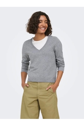 Only Onlloyal Ls V-neck Pullo Knt Noos Kadın Kazak 15368957 Gri