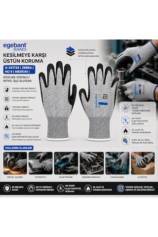 10 Adet Zebra No 9 Medium Kesilme Dirençli Nitril İşçi Eldiven Bandı 5570 Çok Renkli