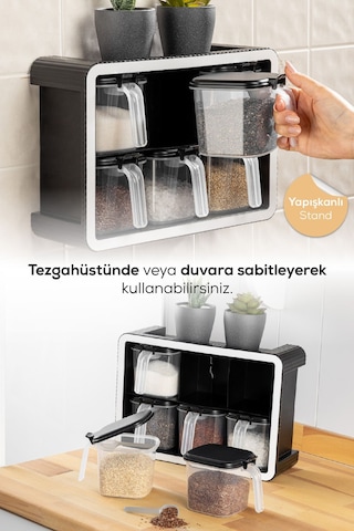 Vienev 6lı 500 Ml Standlı Kendinden Yapışkanlı Kaşıklı Baharatlık Seti Antrasit