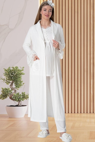 Mecit Pijama Mecit 5416 Ekru Uzun Sabahlıklı Lohusa Pjama Takımı