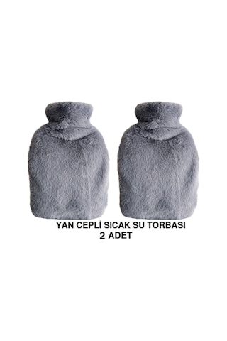 2 Adet Sıcak Su Torbası Yan Cepli Gri Peluş Termofor 27x17x2cm 1 Litre Koyu Gri