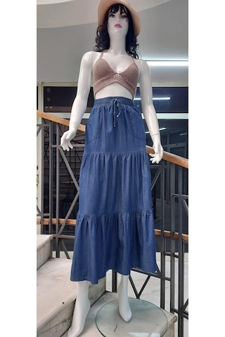 Eren Style Cepli Enzim Kumaş Volanlı Kot Etek-3848-2433-9546 Kot Mavisi Mavi