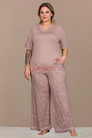 Lady Pudra Renk Çiçek Desenli 11067 Kısa Kol Kadın Büyük Beden Anne Pijama Takımı