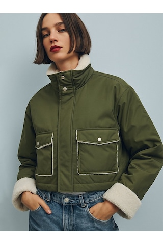 Kürk Detaylı Önü Cepli Yeşil Mont Yeşil