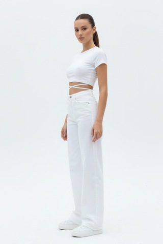 Woddi Nova Kadın Yüksek Bel Beyaz Salaş Jeans Wide Leg Geniş Paça Palazzo Kot Pantolon