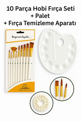 10 Lu Uzun Sap Fırça & 6 Lı Akrilik Boya & Palet & Fırça Temizeyi