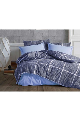 Lüks%80 Pamuklu Çift Kişilik Nevresim Takımı Seti Yorgan Kılıfı Mavi Lacivert Kare Beyaz Çizgi Desen 200x220 Cm Diğer