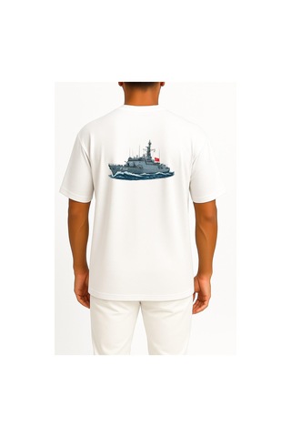 Bahriyeli Collection Oversize Tcg Bafra F505 Savaş Gemisi Cep Ve Sırt Tasarımlı Unisex T-shirt Beyaz