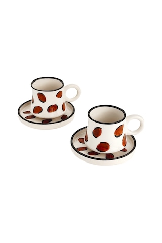 2 Li Takım Leopar Desenli El Yapımı Kazan Seramik Kahve Fincanı, Kahve Fincanı Beyaz