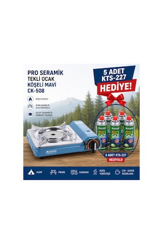 Orcamp Pro Ck-508 Seramik Tekli Ocak Köşeli Mavi 5 Adet Kts-227 Gaz Kartuşu Hediyeli Mavi