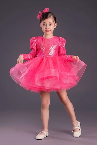 Uzun Kol Balerin Elbise Tütü Etek Pul Payetli Fuşya