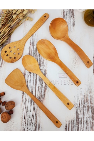 Ahşap Tahta Mutfak Kaşık Seti 5 Parça Kayın, Şimşir Ağacı 5-3