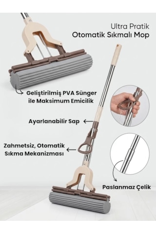 Kendinden Sıkma Mekanizmalı Mikrofiber Kelebek Mop & Paslanmaz Çelik Saplı & Sünger Sıkmalı Mop
