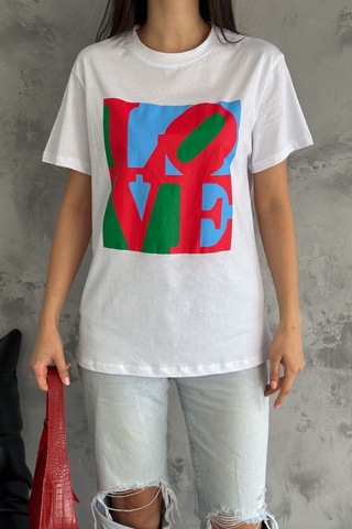 Femelle Kadın Beyaz Love Baskılı Pamuk Tişört