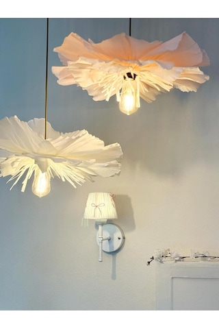 Candy Pembe Fiyonk Kurdele Beyaz Rafya Kablosuz Pilli Duvar Aydınlatması Aplik - Alt Beyaz Pembe