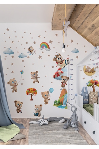 Sevimli Ayıcık Temalı Boy Ölçerli Duvar Sticker Seti - Mat, Sökülebilir, Çocuk Odası Dekoru 010 - Mat Beyaz