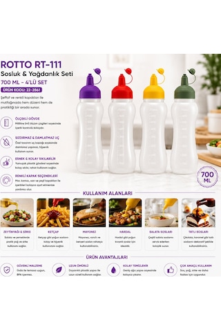 Rotto Rt-111 700ml Yağdanlık Sosluk Şeffaf Plastik Şişe Renkli Kapak Ölçekli Ketçap Mayonez - 24'li Paket Diğer