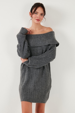 Lela Oversize Fit Kayık Yaka Uzun Kollu Mini Triko Bayan Elbise 4615218 Antrasit