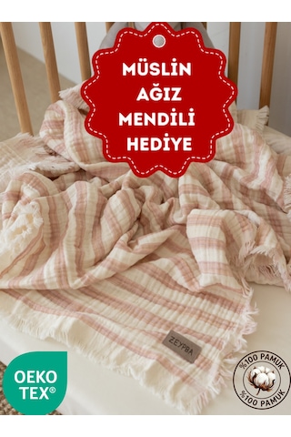 Zeypba 4 Katlı Müslin Örtü Pembe Çizgili 110x110 CM Bebek & Çocuk İçin % 100 Pamuk Pembe Melanj