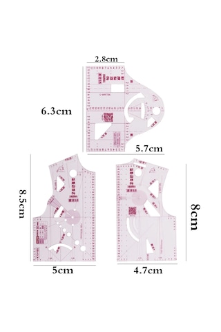 7 Li Mini Moda Cetveli Seti Kumaş Tasarımı, Konfeksiyon Ve Prototip Çizim Şablonu Şeffaf