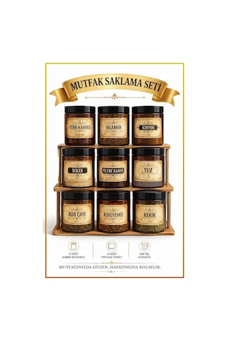 Mutfak Saklama Seti - 9 Amber Kavanoz Ve Gıda Etiketleri, 500 Ml