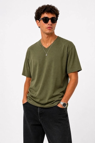 Erkek V Yaka Basic Tişört Kısa Kol Yazlık Regular Fit T-shirt - Haki Çok Renkli
