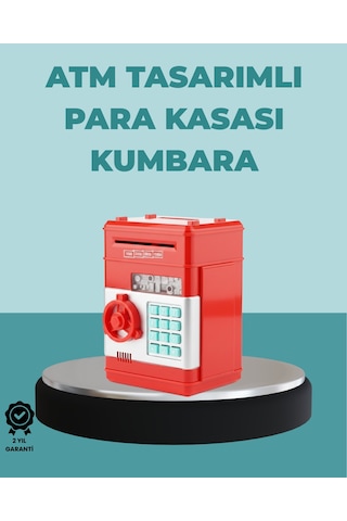 Şifreli Kırmızı Atm Tasarımlı Çelik Kasa Görünümlü Kumbara