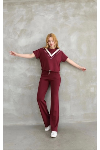 Modaserdem Osy Modal Yumuşak Dokulu Kumaş Bisiklet Yaka Parçalı Detaylı Kısa Kollu Takım - Bordo Bordo