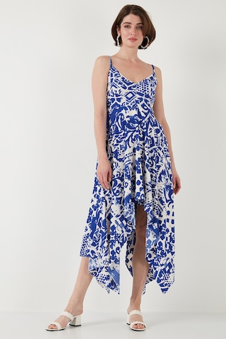 Lela Desenli Asimetrik Kesim Regular Fit Midi Boy Askılı Bayan Elbise 5866126 Saks