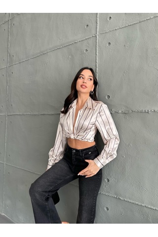 Kadın Oversize Ekru Renk Siyah İnce Çizgili Detaylı Saten Gömlek-siyah Siyah