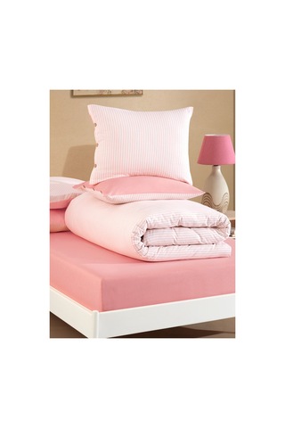 Çift Kişilik Pamuklu Çizgili Nevresim Takımı Düğmeli Model 200 X 220 Cm Somon