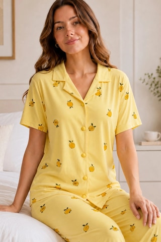 Northcity Sarı Limon Desenli Kısa Kollu Gömlek Yaka Milan Kumaş Kadın Pijama Takımı