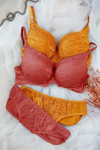 Kadın Hardal Ve Kiremit Rengi Dolgulu Balenli Sütyen Külot 2'li Paket Çok Renkli