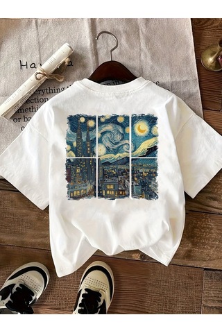 Uyguntarz Unisex Şehir Manzaralı Vangogh Baskılı Oversize Tişört Beyaz