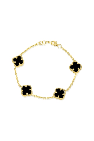 14k Altın Kaplamalı 925 Ayar Gümüş Granada Saray Yoncası Bileklik - Siyah 45103002 Altın