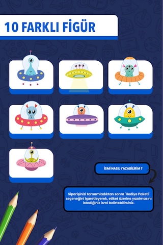 İsim Yazılabilir Sevimli Uzaylılar Temalı Okul Etiketi Kalem & Defter İçin 200 Adet Çoklu