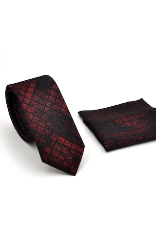 Bordo Siyah Küp Desenli Dokuma Kumaş Mendilli Slim Fit Kravat // Sdk230908 Desenli